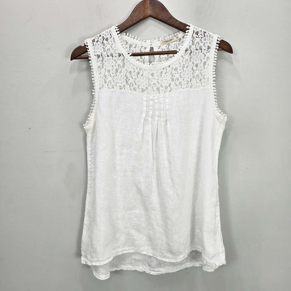 Lungo L'Arno Sleeveless 100% Linen Top Women M‎ White Embroidered Italy Cottage